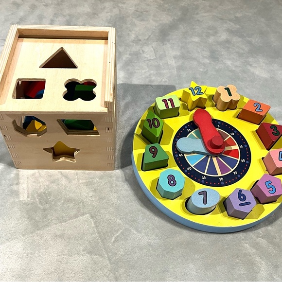 Melissa & Doug Wood Shape Sorting Cube and Clock - Classic Wooden Toy 12 Shapes - Picture 2 of 6
